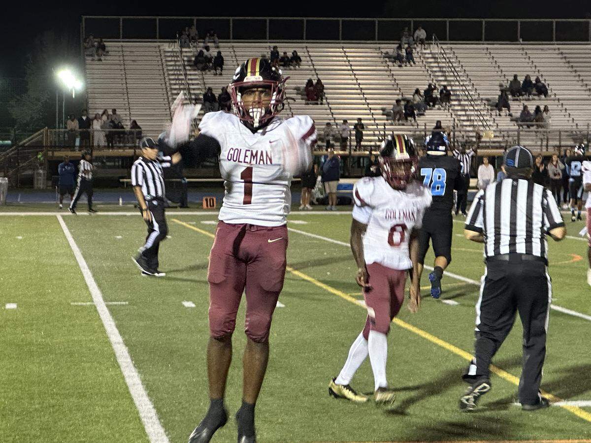 Goleman’s Franckly Desir celebrates after an interception in Friday’s Region 4-7A final against Palmetto at Tropical Park in Miami, Fla.