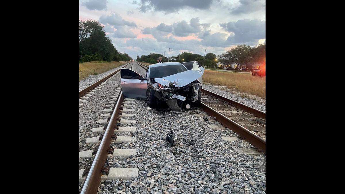 A car after a Tuesday morning encounter with a Brightline train. Moments before the encounter, Delray Beach police say, the mother drove the car onto the tracks from a dead end street.