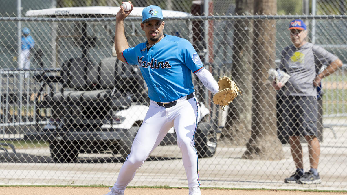 Miami Marlins utility player Christopher Morel (5) throws the ball during the team’s first full-squad spring training workout at Roger Dean Stadium on Monday, Feb. 16, 2026, in Jupiter, Fla.
