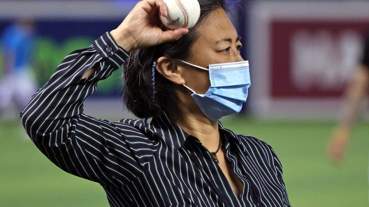 Miami Marlins General Manager Kim Ng looks on during batting practice before the start of their baseball game against the Colorado Rockies at loanDepot park on Wednesday, June 9, 2021 in Miami, Florida.