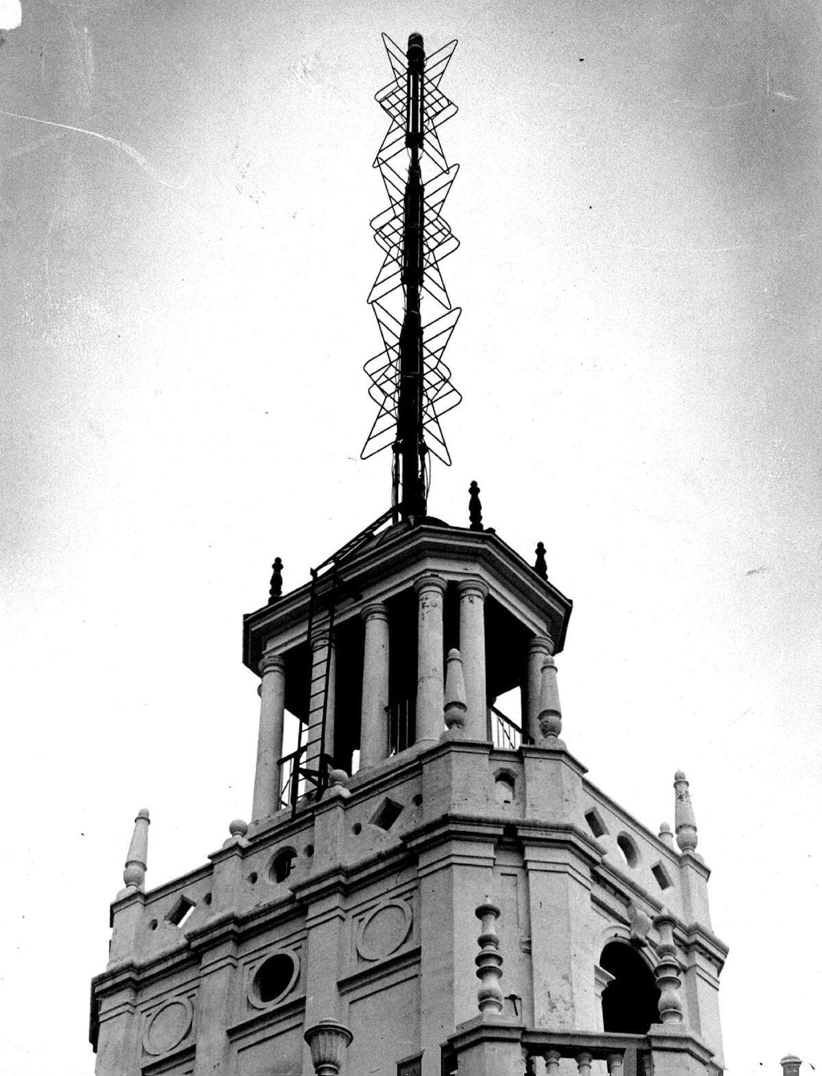 The WTVJ television tower on the top of the Everglades Hotel.
