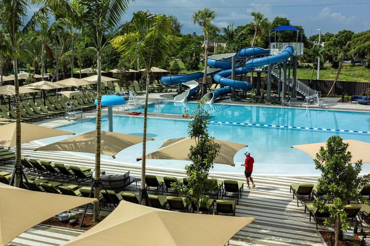 View of the outdoor pool from a second floor window inside Life Time at The Falls on Aug. 3, 2023, just before the venue opened to the public.