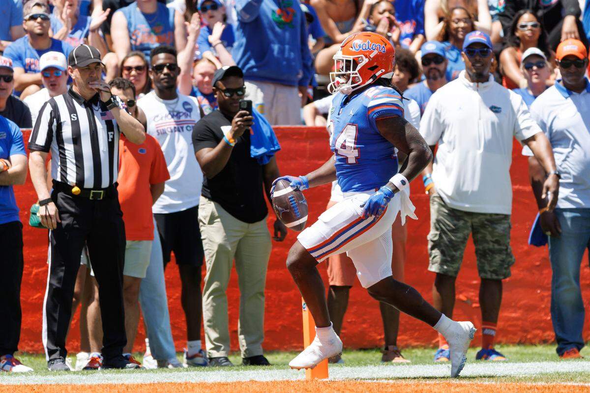 Apr 12, 2025; Gainesville, FL, USA; Florida Gators running back Ja'Kobi Jackson (24) scores a touchdown during the first half at Ben Hill Griffin Stadium. Mandatory Credit: Matt Pendleton-Imagn Images
