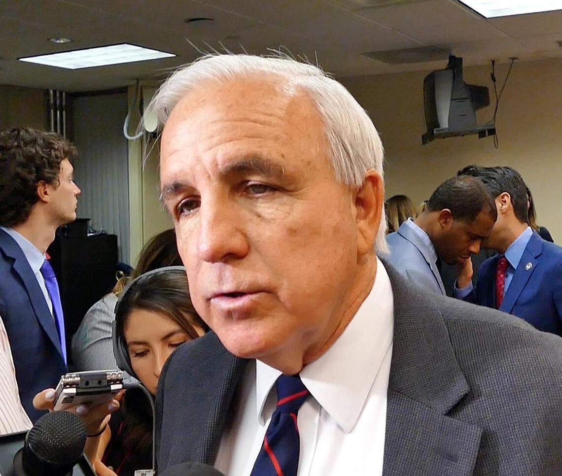 Miami-Dade County Mayor Carlos Gimenez speaks to reporters at a press conference on April 11, 2018. The Republican's spokeswoman said he wanted to greet President Trump at Miami International Airport on Monday, but that the White House didn't put him on the list.