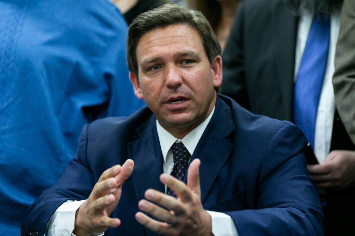 Gov. Ron DeSantis speaks during a press conference at St. John the Apostle Catholic School in Hialeah, Florida, on Tuesday, May 11, 2021. The bill expands and revamps Florida’s school scholarship and voucher programs.