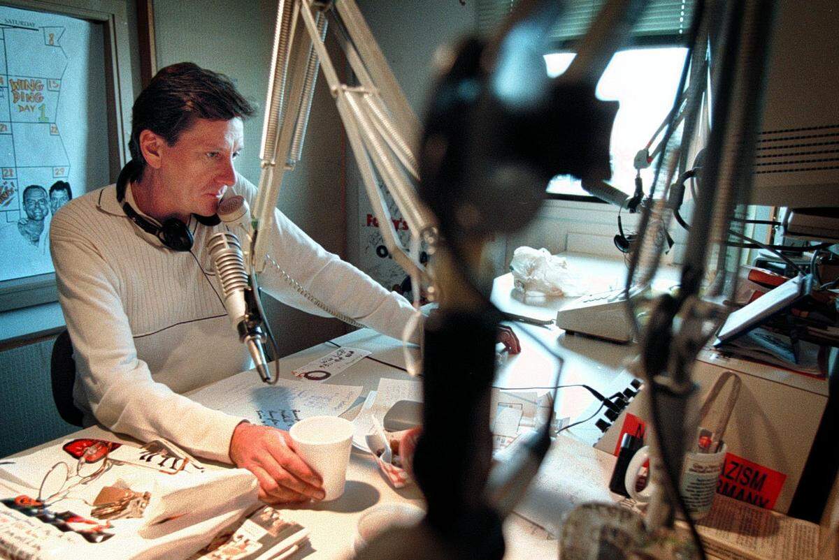 Footy at his mic at Y-100 in 1997. He started at the station in the 1970s.