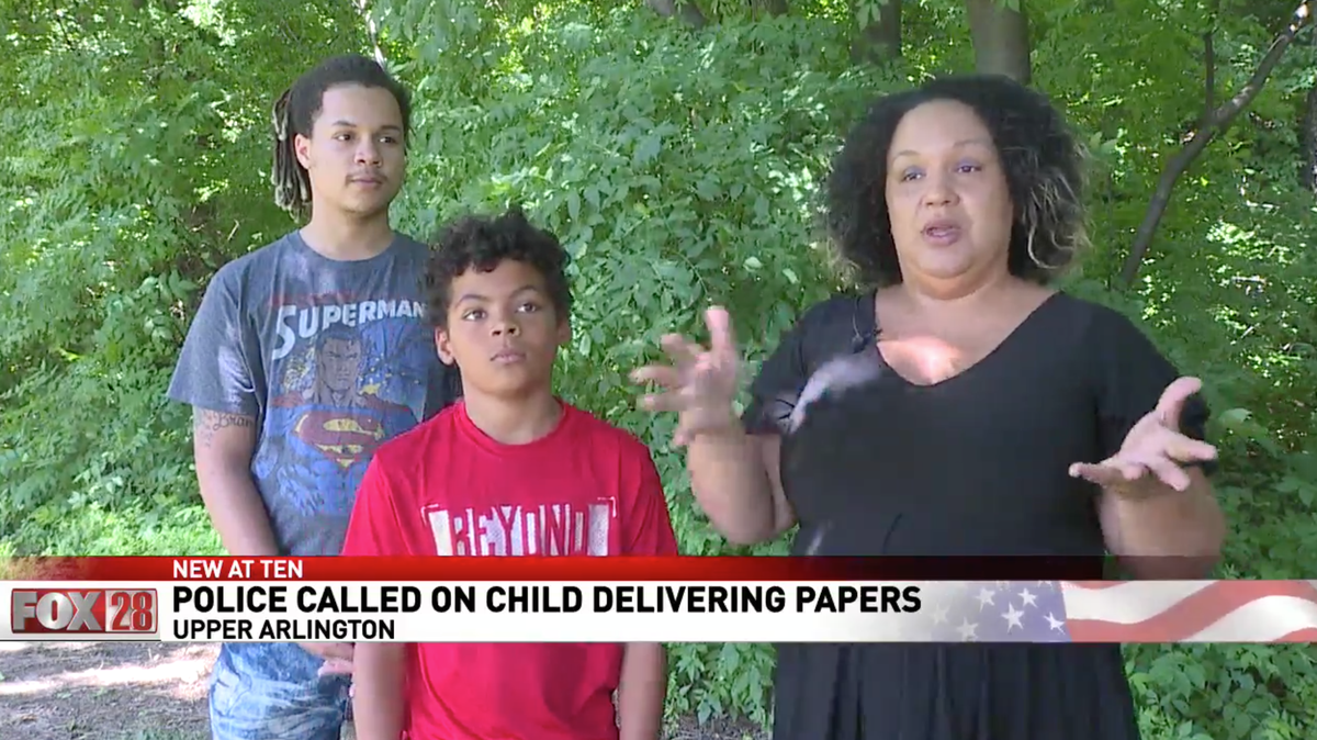 Brandie Sharp said she and her sons — Mycah, 17, and Uriah, 11 — were delivering the newspaper in Upper Arlington, Ohio, when an officer asked what they were doing. Police say a neighbor called cops on Uriah because he looked “suspicious.”