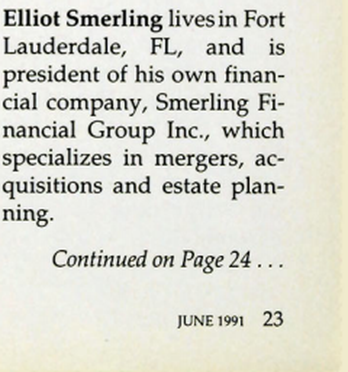 Screenshot of Elliot Smerling’s entry in the class of 1989 class notes of the June 1991 edition of the University of Tampa Journal.