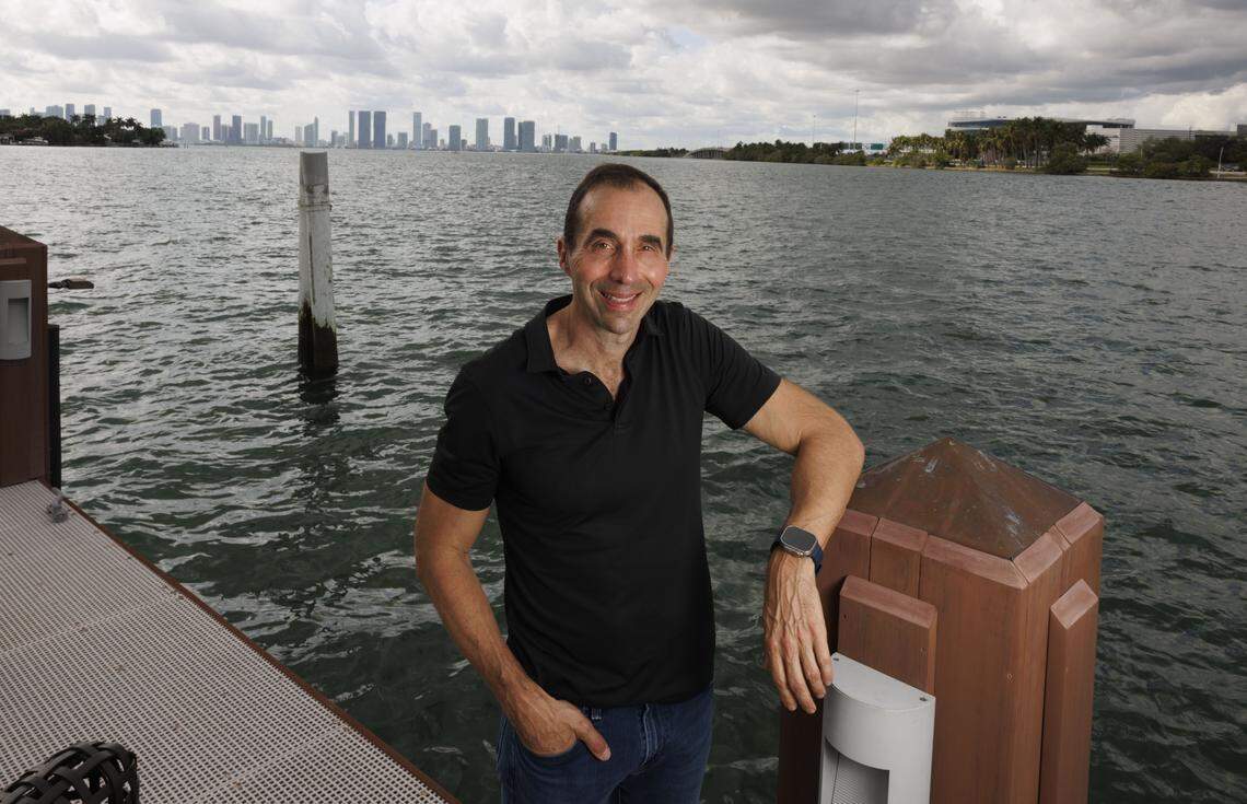 Randy Gelber, neighbor who has been in a legal battle with the dock owner, during the day next door to the mega yacht dock on Monday, Dec. 8, 2025, in Miami Beach, Fla. 