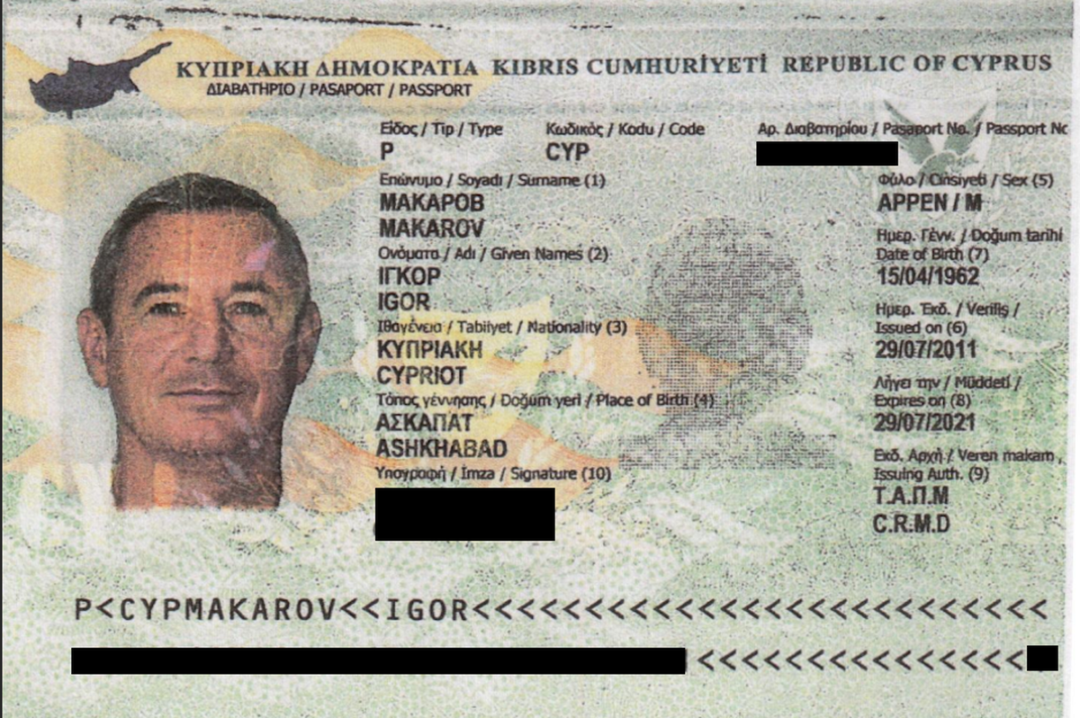 A copy of oligarch Igor Makarov’s passport, leaked to the Miami Herald and partner news outlets in the 2021 investigation “The Pandora Papers.”