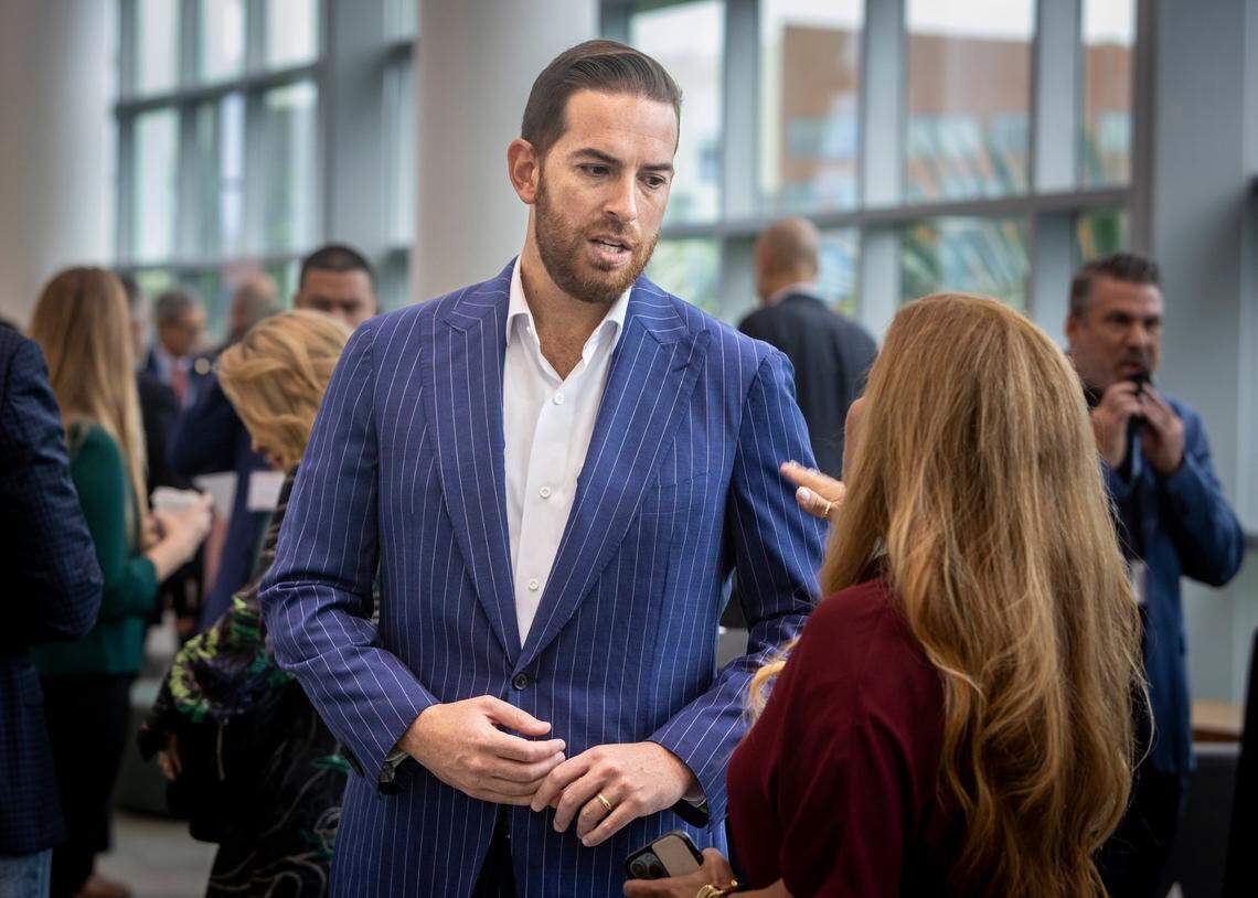 Coral Gables, Florida, September 28, 2023 - Florida House Speaker Daniel Perez speaks to Alice N. Bravo during Florida’s Future Conference in the University of Miami Shalala Student Center 1330 Miller Drive.