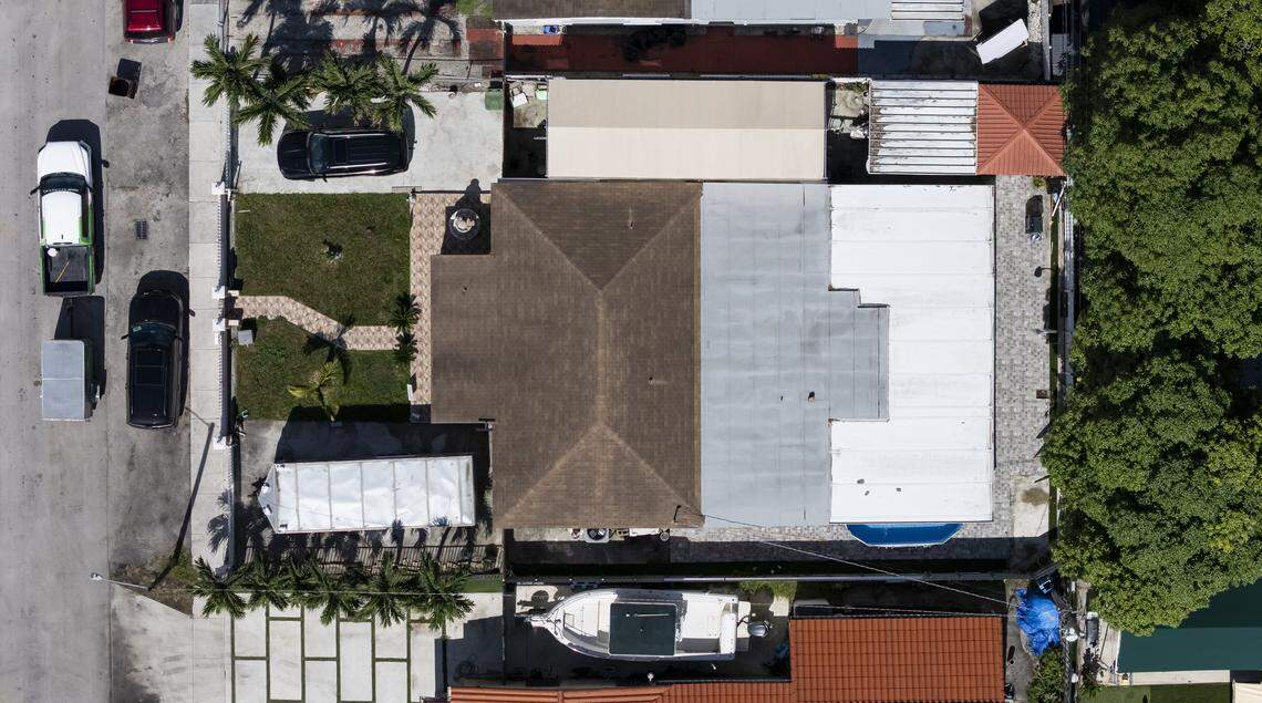 A general view of  Hialeah’s Interim Mayor Jacqueline Garcia-Roves’s on Tuesday, Oct. 21, 2025, in Hialeah, FL.  The image shows two roof extensions on the property without permit