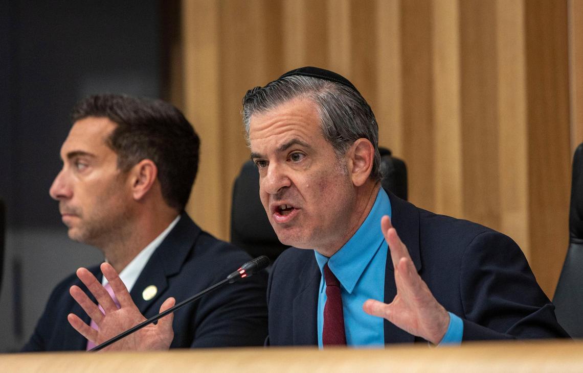 Mayor Steven Meiner, second from left, speaks to a Miami Beach commission chambers filled with residents wanting to express their opinion on the O Cinema issue on Wednesday, March 19, 2025.