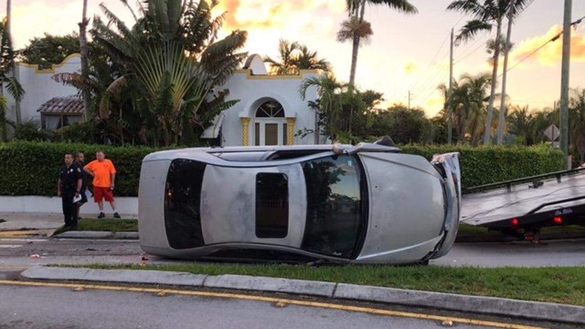 A rollover accident by a car driving too fast through the traffic circle on Southwest 24th Terrace near Southwest 18th Avenue in Miami’s Silver Bluff neighborhood.