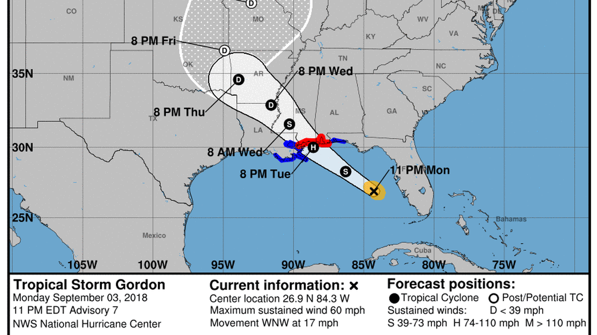 Tropical Storm Gordon’s projected path as of 11 p.m. Monday.