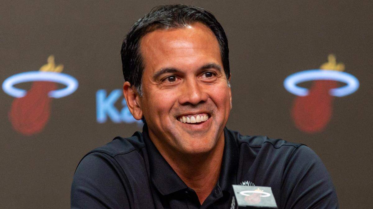 Miami Heat Head Coach Erik Spoelstra reacts to the media during a press conference at Kaseya Center on Monday, September 30, 2024, in Miami.