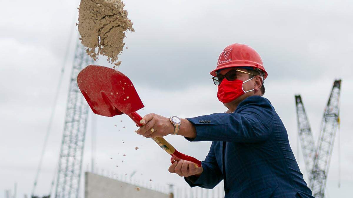 Virgin Voyages CEO Tom McAlpin participates in the groundbreaking ceremony for Virgin Voyages’ Terminal V at PortMiami in Miami, Florida, on Tuesday, Jan. 12, 2021.