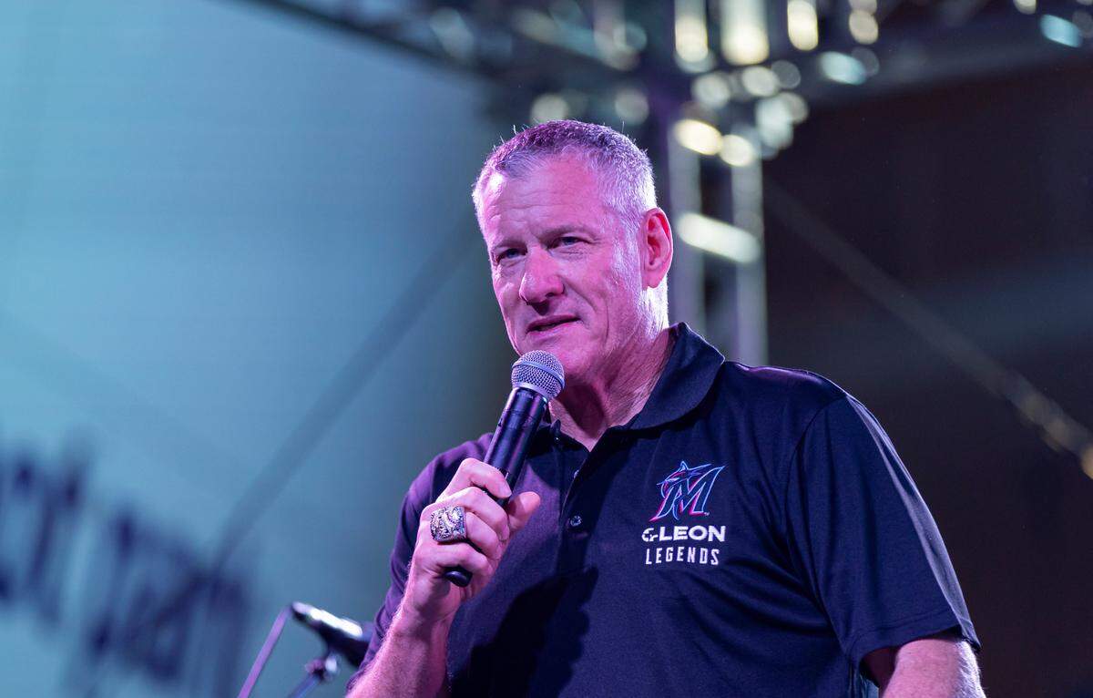 Former Miami Marlins player Jeff Conine speaks after the team announced the creation of the Marlins Legends Hall of Fame during the team’s fan festival at loanDepot park on Saturday, Feb. 8, 2025, in Miami, Fla.