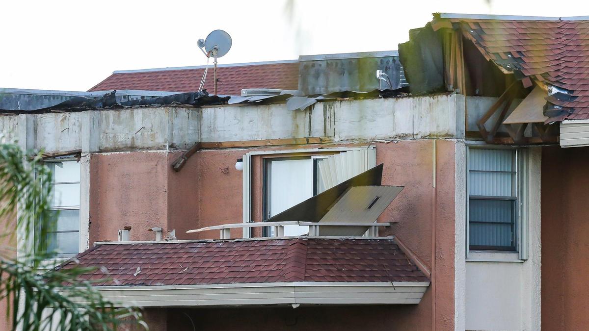 A view of the partially collapsed roof belonging to a northwest Miami-Dade three-story apartment building in Hialeah, Florida on Thursday, July 15, 2021.