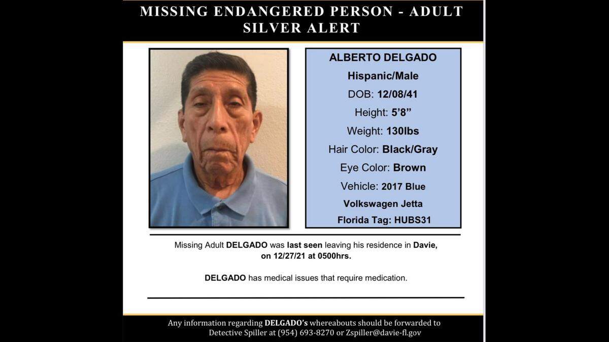 Alberto Delgado, 80, is missing after leaving his Davie home in his car on Dec. 27.