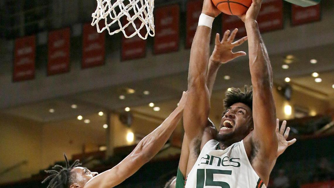 UM Hurricanes forward Norchad Omier (15) attempts a shot against Florida A & M Rattlers during basketball game on Tuesday, November 15, 2022 at Watsco Center in Coral Gables. Andrew Uloza / for Miami Herald