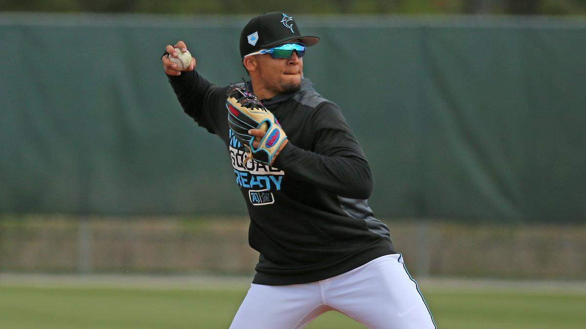 Miami Marlins infielder Isan Diaz runs drills before the start of a Major League Baseball spring training game against the Houston Astros at the Roger Dean Chevrolet Stadium on Thursday, March 7, 2019 in Jupiter, FL.
