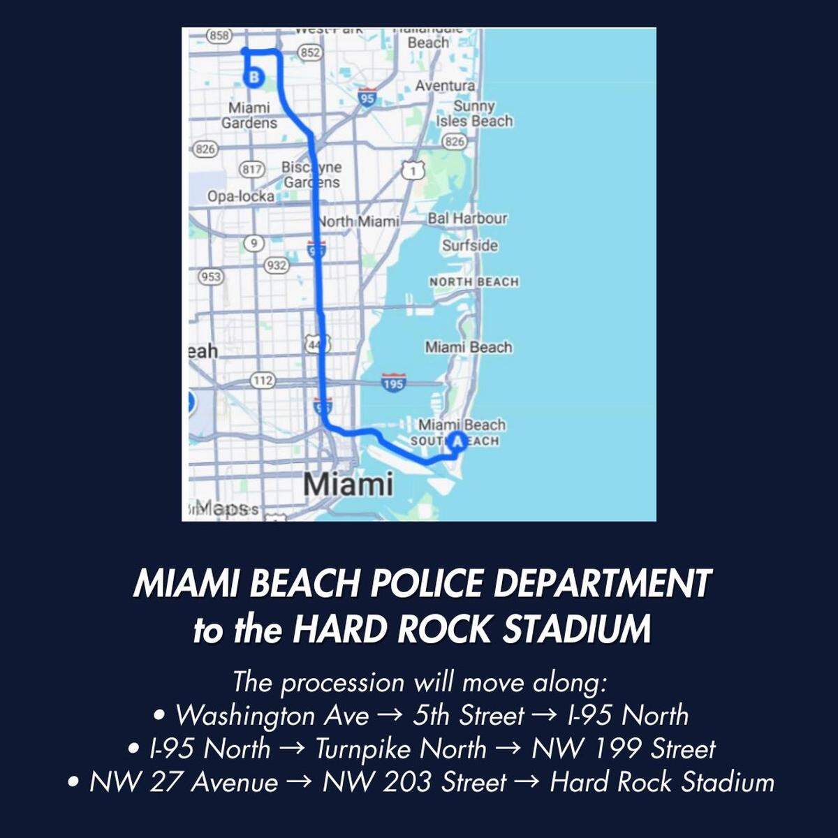 The second funeral procession will go from the Miami Beach Police Station, 1100 Washington Ave., to the Hard Rock Stadium, 347 Don Shula Drive.