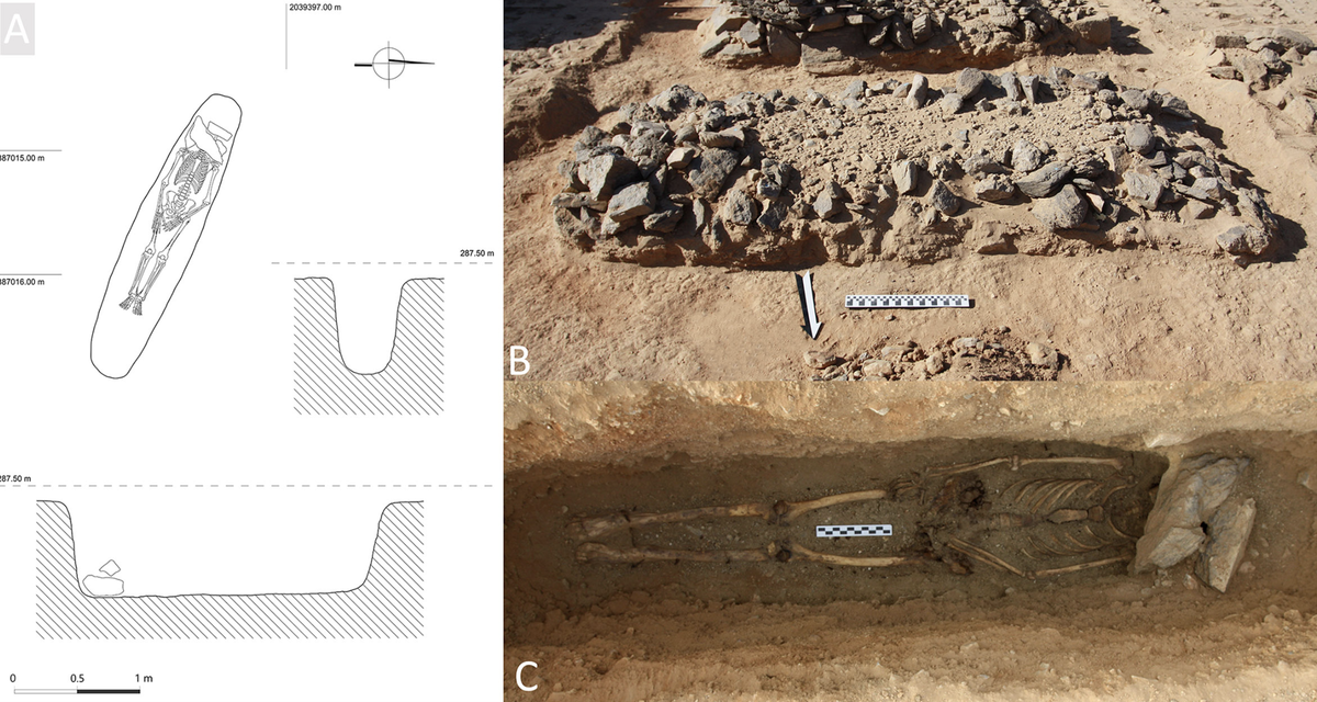 The body was found in a stone box-grave and naturally partially mummified because of the dry environment.