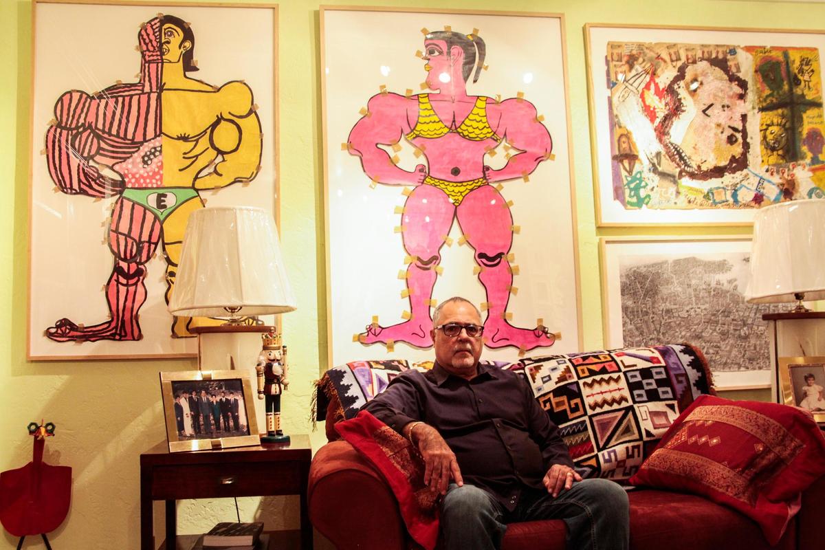 Juan Martin collects the work of outsider artists. He is backed by two pieces created by Cuban artist Misleidys Castillo.