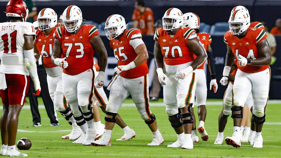 Miami Hurricanes offensive line approaches the line of scrimmage during the game against Miami of Ohio Redhawks in Miami Gardens, Florida on Friday, September 1, 2023. Right tackle Francis Mauigoa (61) was the only true freshman Hurricane to start in the opener.