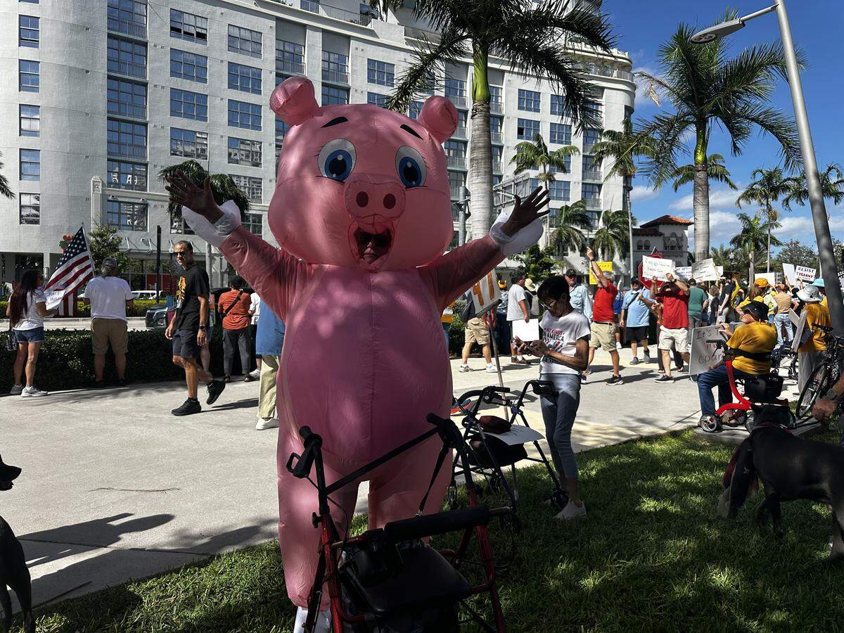 Claudia Schultz, 73, a lifelong resident of Fort Lauderdale, wears a pig costume during the “No Kings” protest at Young Circle Park in Hollywood. “They want us to be violent,” she said. “You can’t get any less violent than this.”