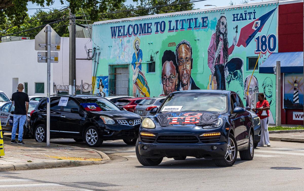 Cars participating in a caravan led by Haitian organizers to show support for the Harris campaign leave from the Little Haiti Cultural Center in Miami to travel to the North Miami Library, on Saturday, August 10, 2024.