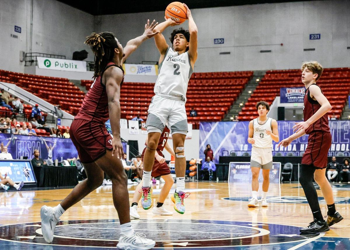 Riviera Prep’s Mason Fuentes (2) attempts a basket against First Baptist in the first half during Class 3A boy’s basketball state semifinal of the Florida High School State Championships at the RP Funding Center in Lakeland, Florida on Thursday, February 27, 2025.