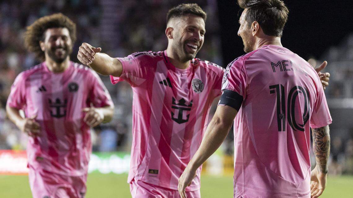 Inter Miami forward Lionel Messi (10) celebrates with defender Jordi Alba (18) after scoring a goal against Los Angeles Galaxy in the second half of their MLS match at Chase Stadium on Saturday, Aug. 16, 2025, in Fort Lauderdale, Fla.