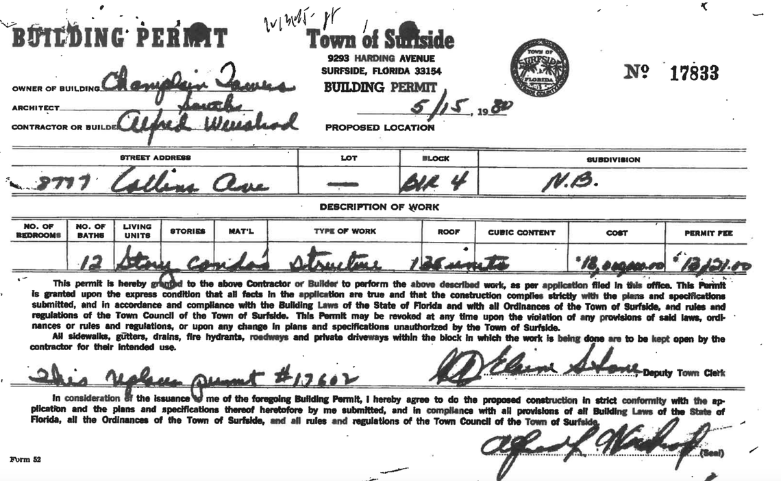 May 15, 1980, update to building permit for Champlain Towers South listing Alfred L Weisbrod as general contractor.