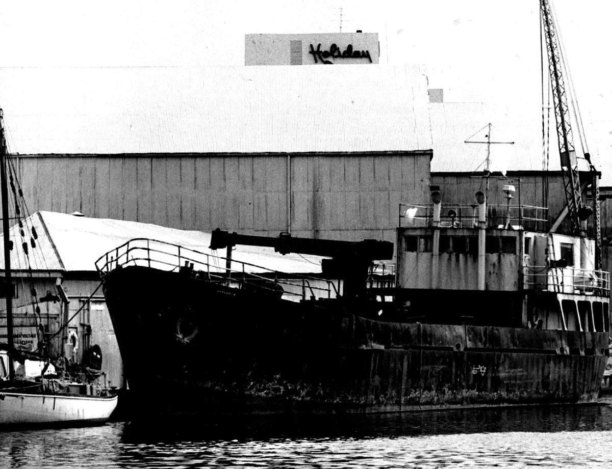 In 1977, a freighter outside Merrill-Stevens boatyard on the Miami River.