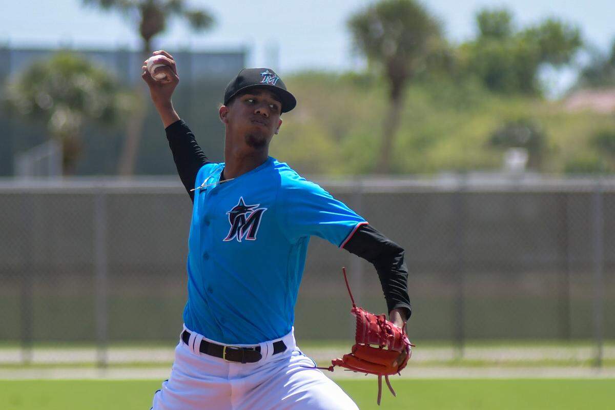 Miami Marlins right-handed pitcher prospect Eury Perez pitches in a game on the back fields at the Roger Dean Chevrolet Stadium complex on Friday, March 18, 2022, in Jupiter, Florida.