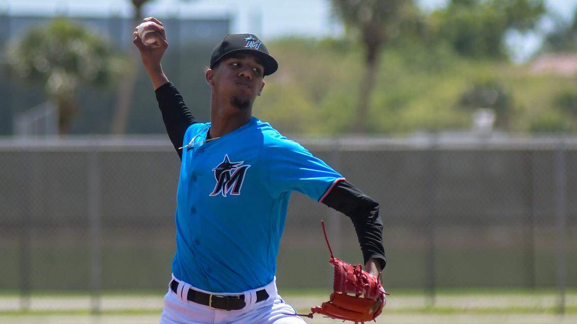 Miami Marlins right-handed pitcher prospect Eury Perez pitches in a game on the back fields at the Roger Dean Chevrolet Stadium complex on Friday, March 18, 2022, in Jupiter, Florida.