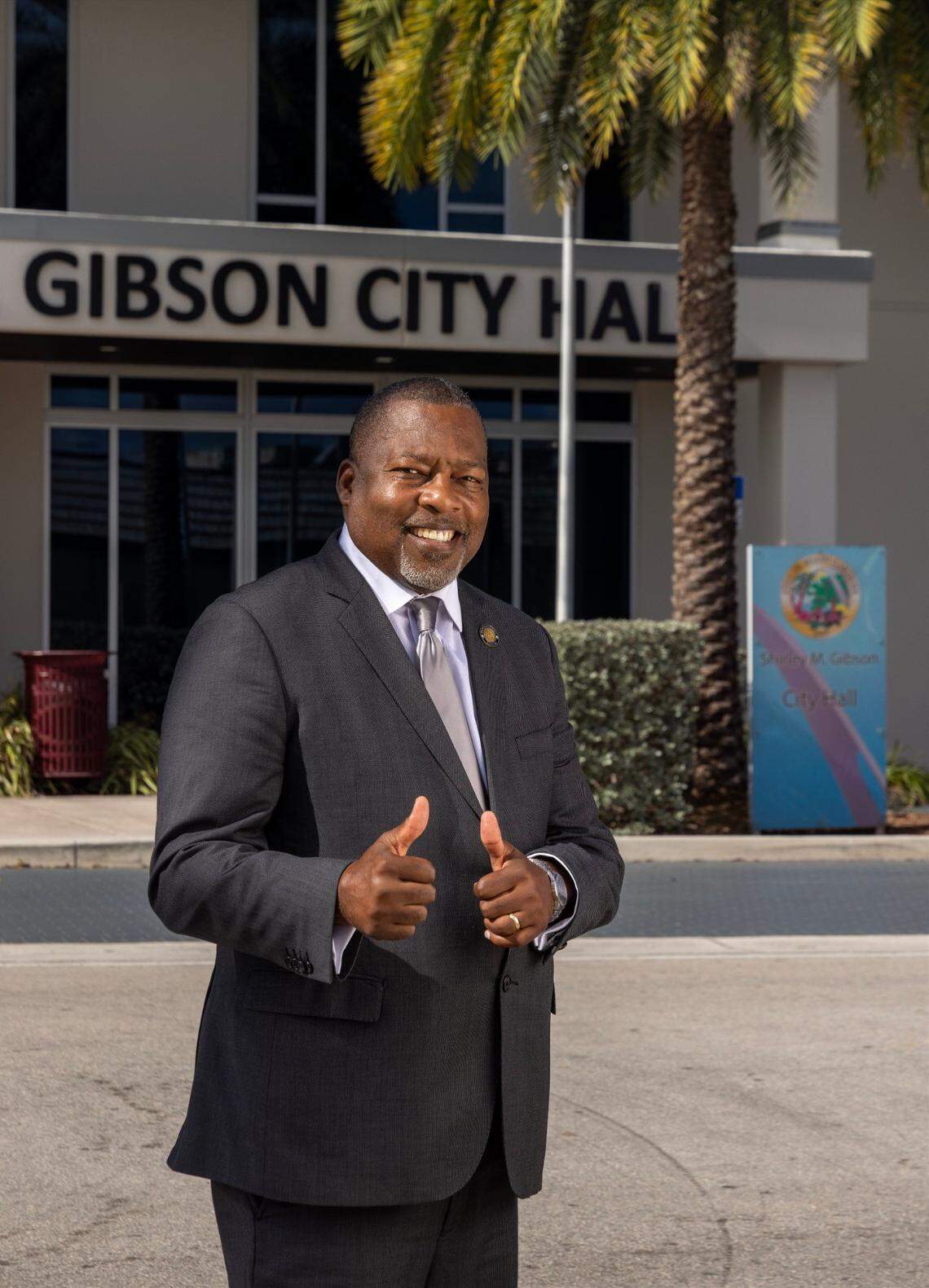 Miami Gardens Mayor Rodney Harris poses outside city hall along a stretch of Northwest 27th Avenue called Unity Boulevard, Thursday April 6, 2023.