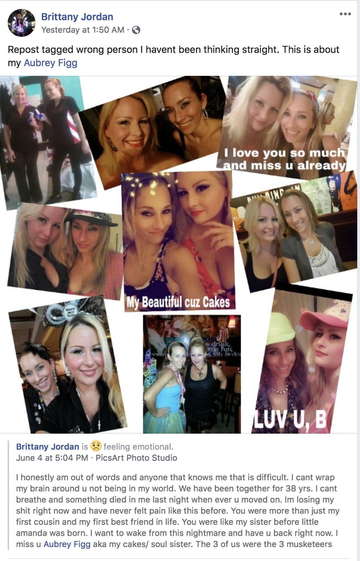 Brittany Jordan posted a tribute to her cousin and best friend Aubrey Figg on June 4, 2020. Figg was murdered inside her South Beach apartment a day earlier.