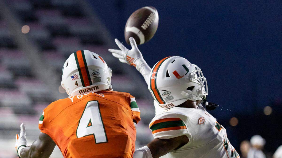 Miami Hurricanes defensive back Daryl Porter Jr. (2) blocks a pass to Miami Hurricanes wide receiver Colbie Young (4) during the first quarter of their spring game at DRV PNK Stadium on Friday, April 14, 2023, in Fort Lauderdale, Fla.