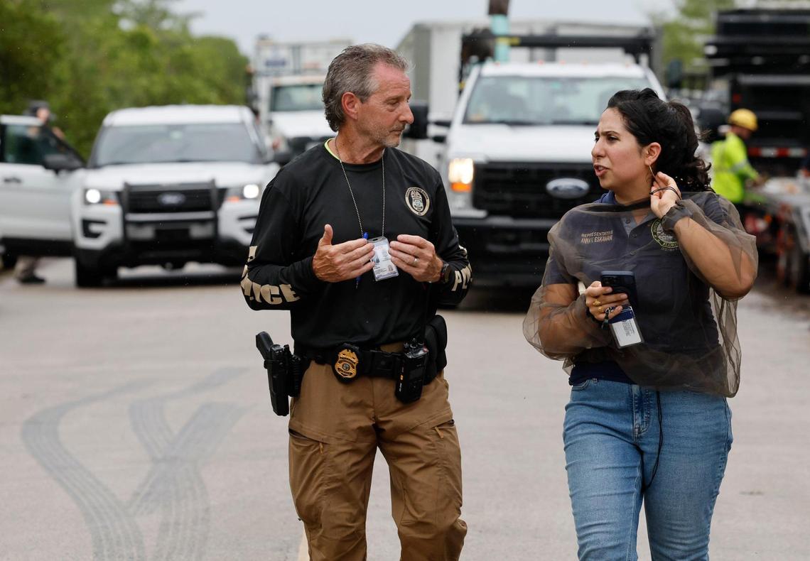 Florida House of Representatives denied entry, including State Rep. Anna .V. Eskamani, PhD at Alligator Alcatraz. The facility is within the Florida Everglades, 36 miles west of the central business district of Miami, in Collier County, Florida. , Florida, on Thursday, July 3, 2025.