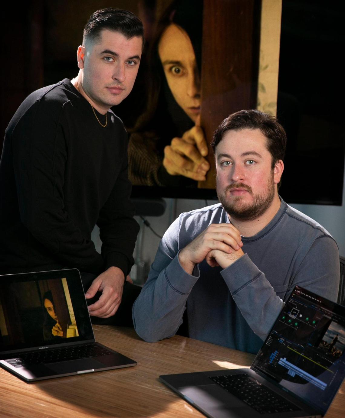 Brothers Michael and Jonathan Cuartas have been working together since they began their careers. Michael, who serves as cinematographer, and Jonathan, who directs, received national distribution in 2020 for their first feature film, ’My Heart Can’t Beat Unless You Tell It To.’ A character from the film is on the TV screen behind the brothers as they do video editing at a shared work space at CIC Miami.