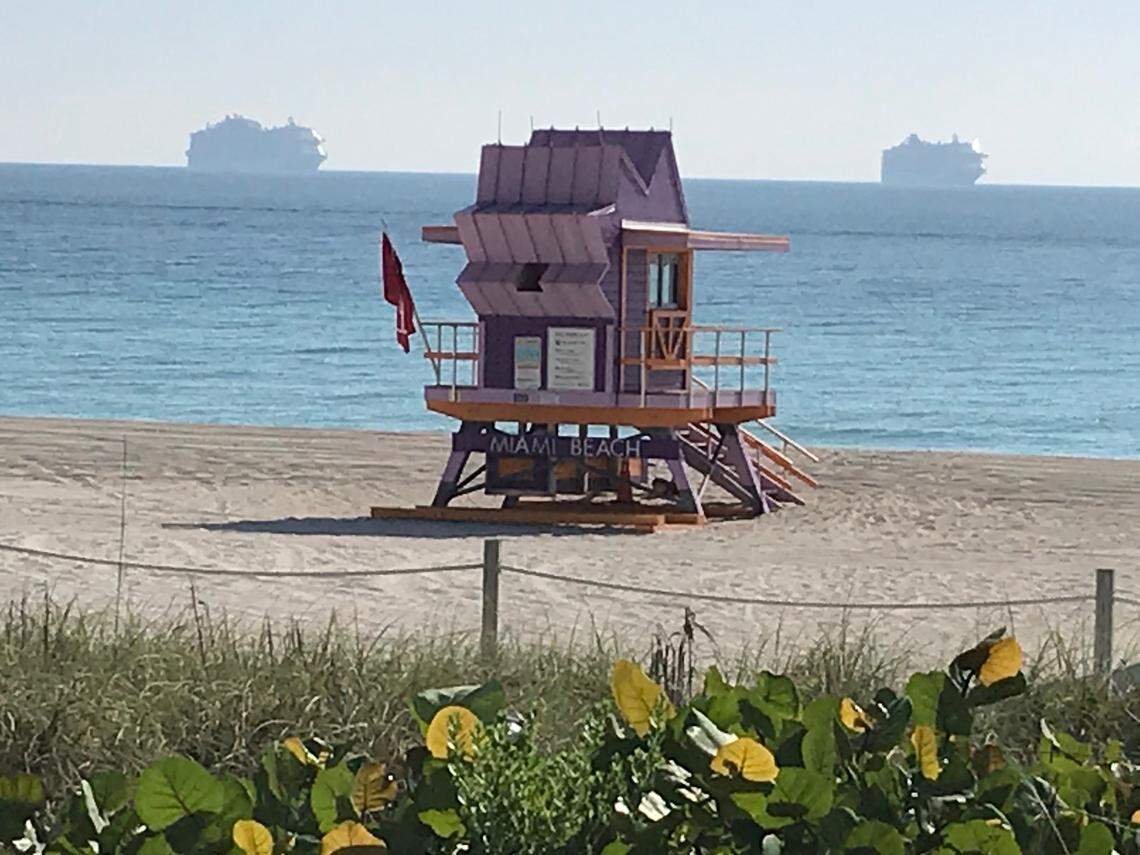 The cruise industry canceled all new cruises on March 13 in response to the coronavirus outbreak. On March 26, 2020, cruise ships moored off Miami Beach wait for the COVID-19 pandemic to pass.