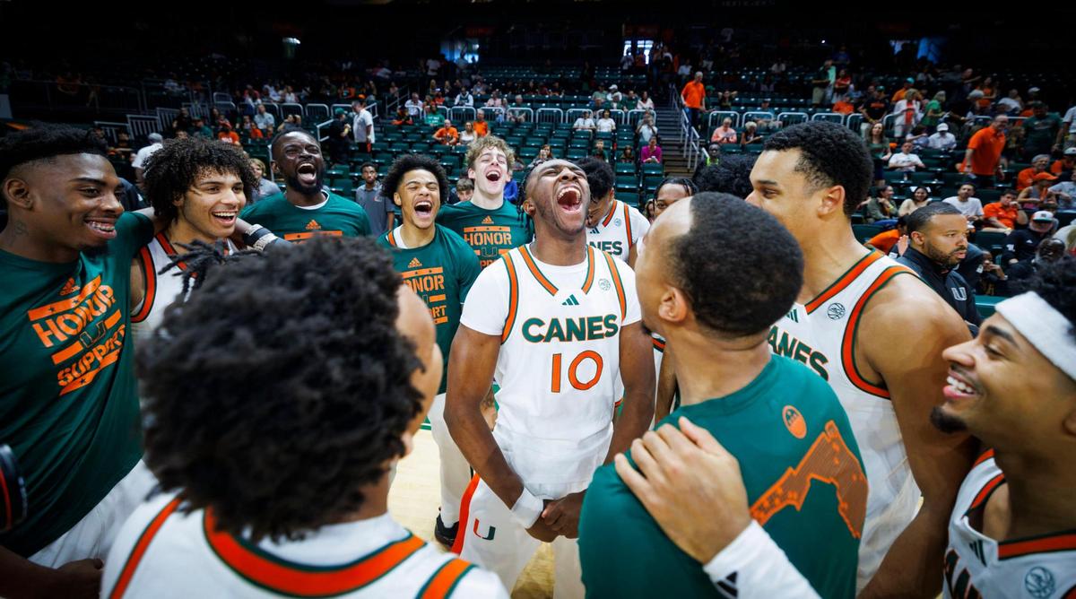 Miami Hurricanes guard Paul Djobet (10) yells in the center of a huddle before during the first half of a game against the Binghamton Bearcats on Sunday, Nov. 10, 2024, at Watsco Center in Coral Gables, Fla. The Hurricanes won.