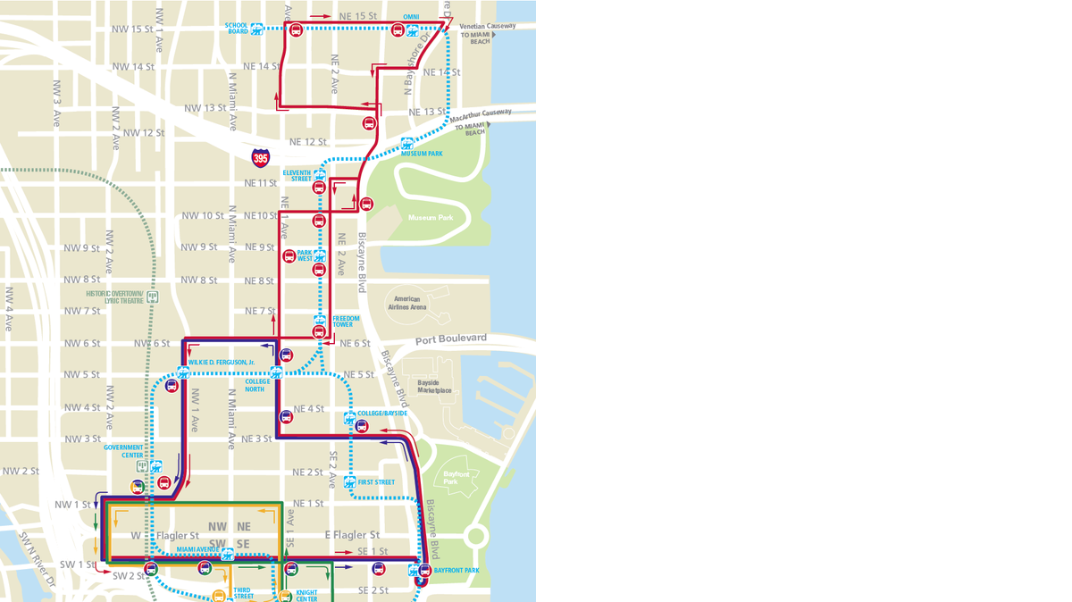 A map of alternate bus shuttle routes offered Saturday, March 6 and Sunday, March 7 during system upgrades to the Metromover.
