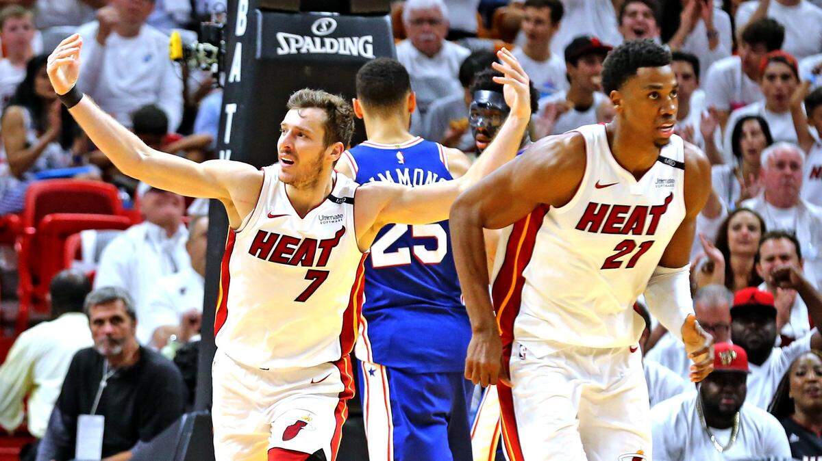 Miami Heat Goran Dragic celebrates a basket in the third quarter as they play the Philadelphia 76ers in Round 1, Game 4, of the NBA Playoffs at the AmericaneAirlines Arena in Miami, Florida, April 21, 2018.