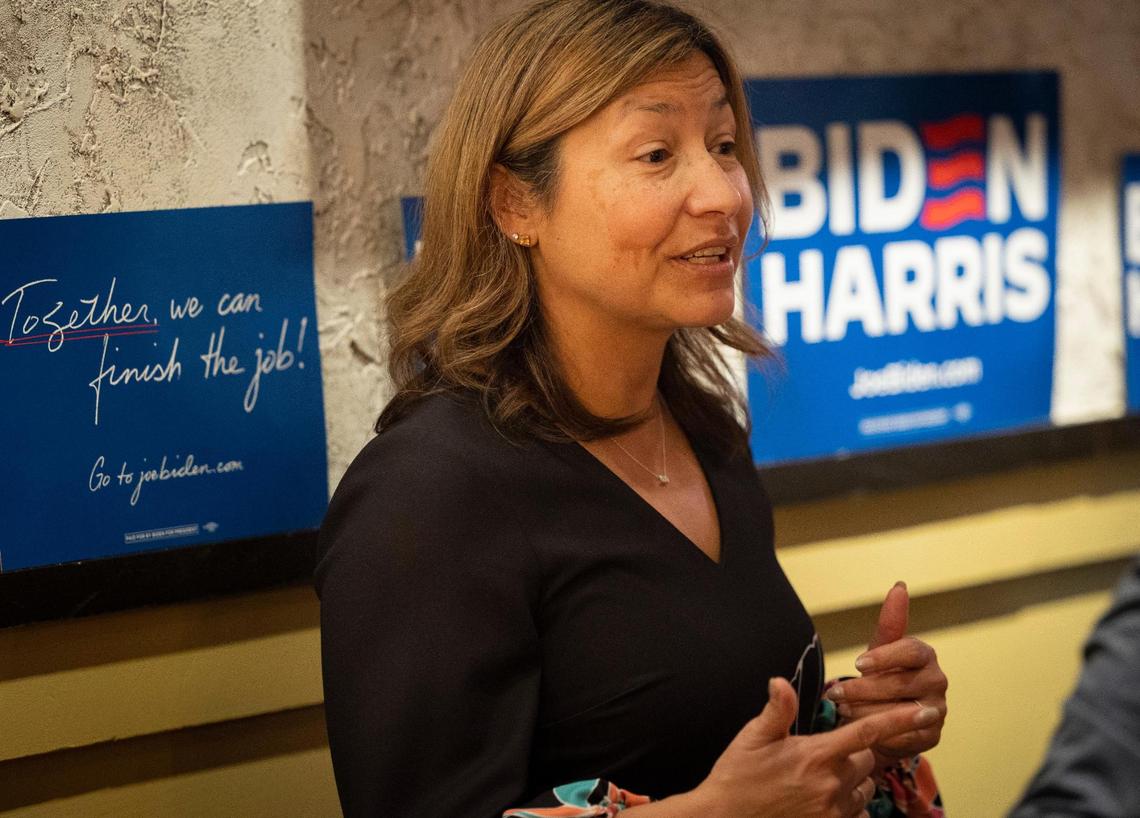 Julie Chávez Rodríguez, Joe Biden’s 2024 campaign manager, speaks during a Democratic roundtable session held on Wednesday, Nov. 8, 2023, at Sergio’s in Doral.