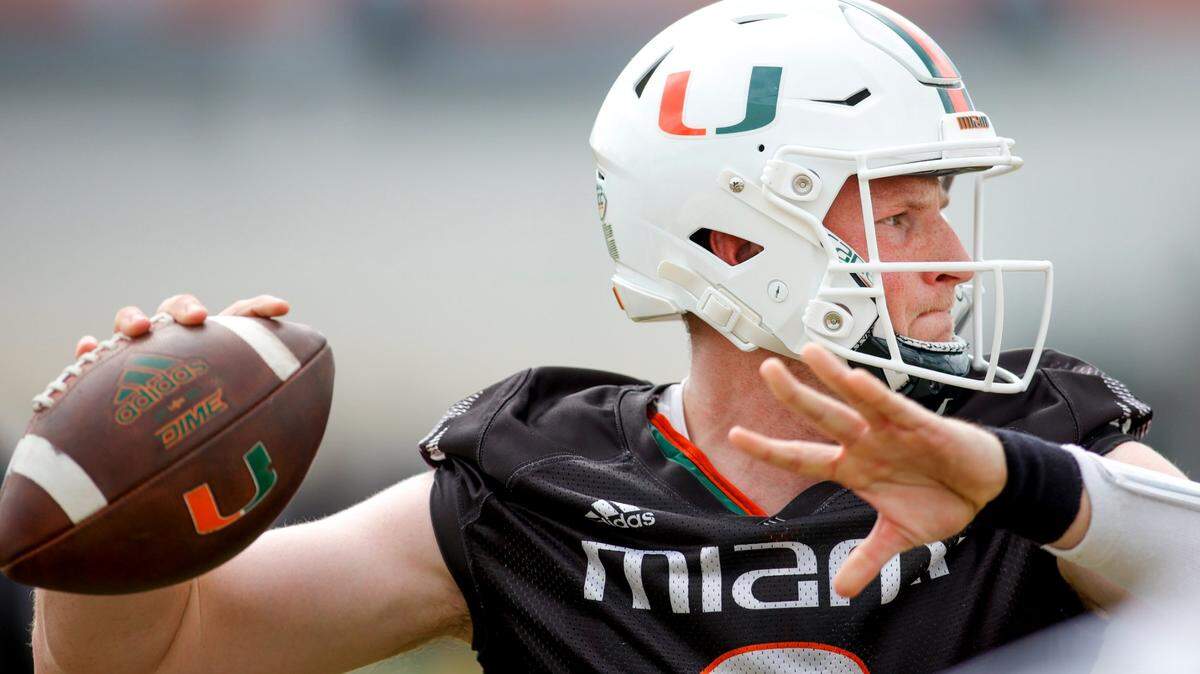 Miami Hurricanes quarterback Tyler Van Dyke (9) during throws the football during spring practice at the University of Miami in Coral Gables, Florida, Saturday, March 4, 2023.