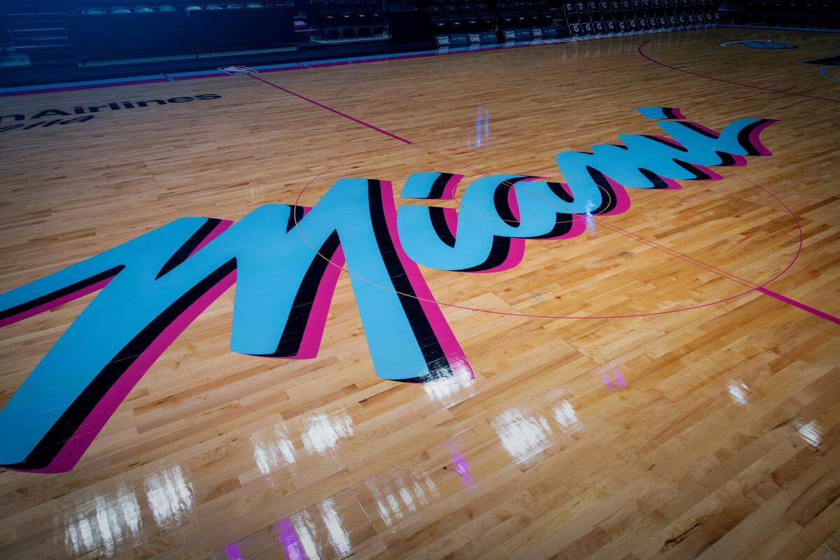 A look at the Heat’s new Vice-themed court that will be used when the team wears its Vice uniforms for games at AmericanAirlines Arena.